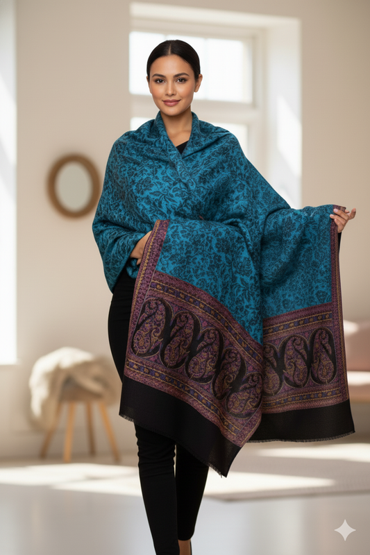 Teal Royale Paisley Border Winter Shawl