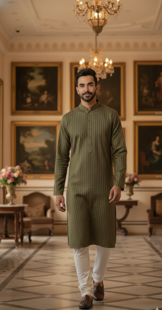 Elegant Olive Green Striped Kurta Set