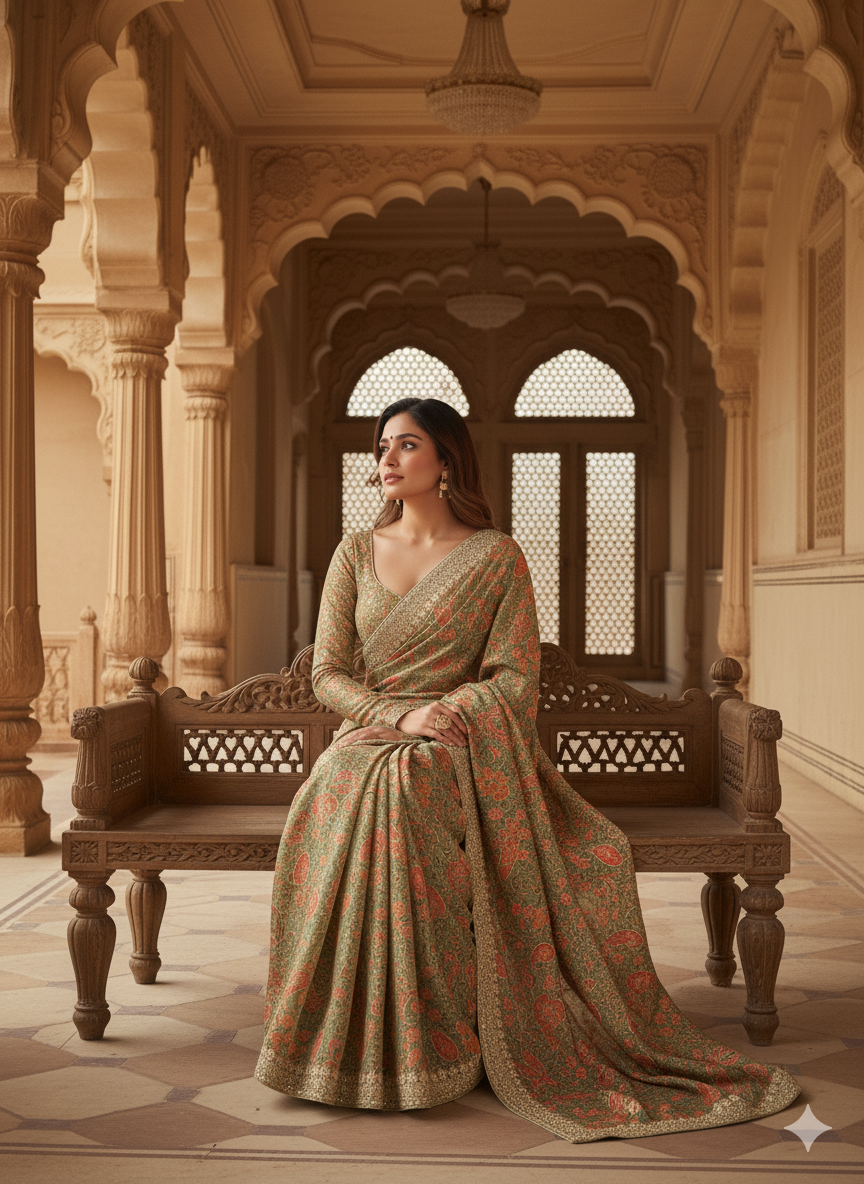 Regal Sage Green Floral- Paisley Saree