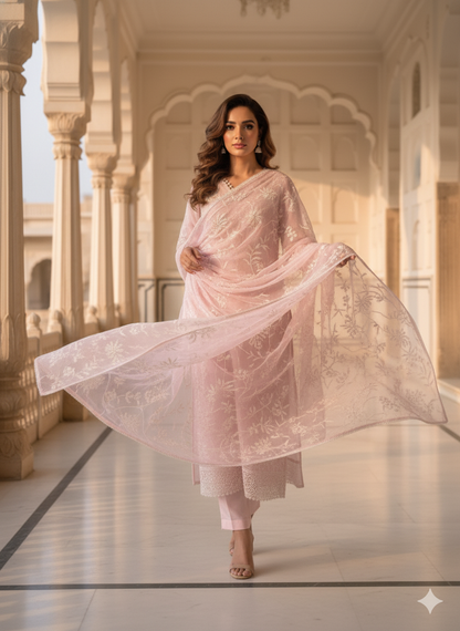 Blush Pink Threadwork Chanderi Kurta Set