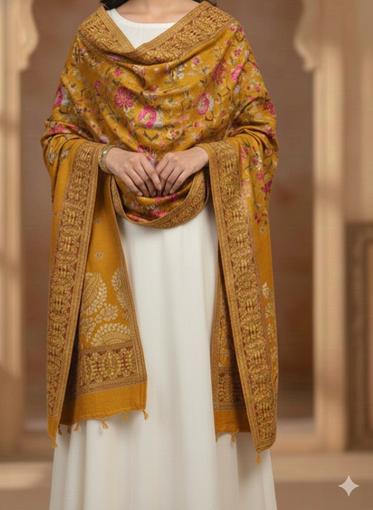 Mustard Gold Kashmiri-Style Floral Woven Shawl