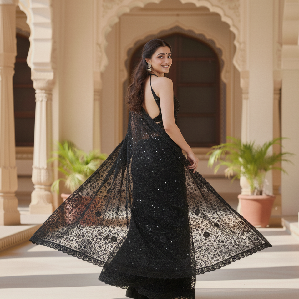 Black Net Saree With Floral Threadwork And Unstitched Blouse Piece