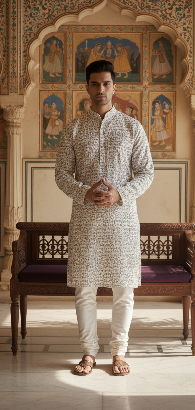 "Ethereal Echoes" Ivory Embroidered Kurta with White Churidar