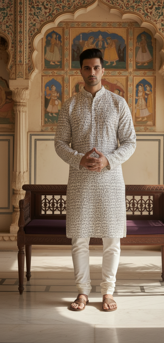 "Ethereal Echoes" Ivory Embroidered Kurta with White Churidar