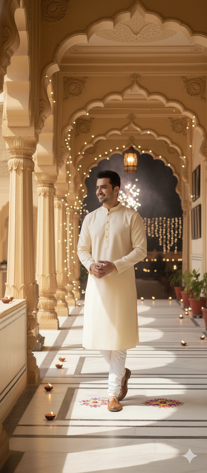 Men's Cream Embroidered Kurta Set