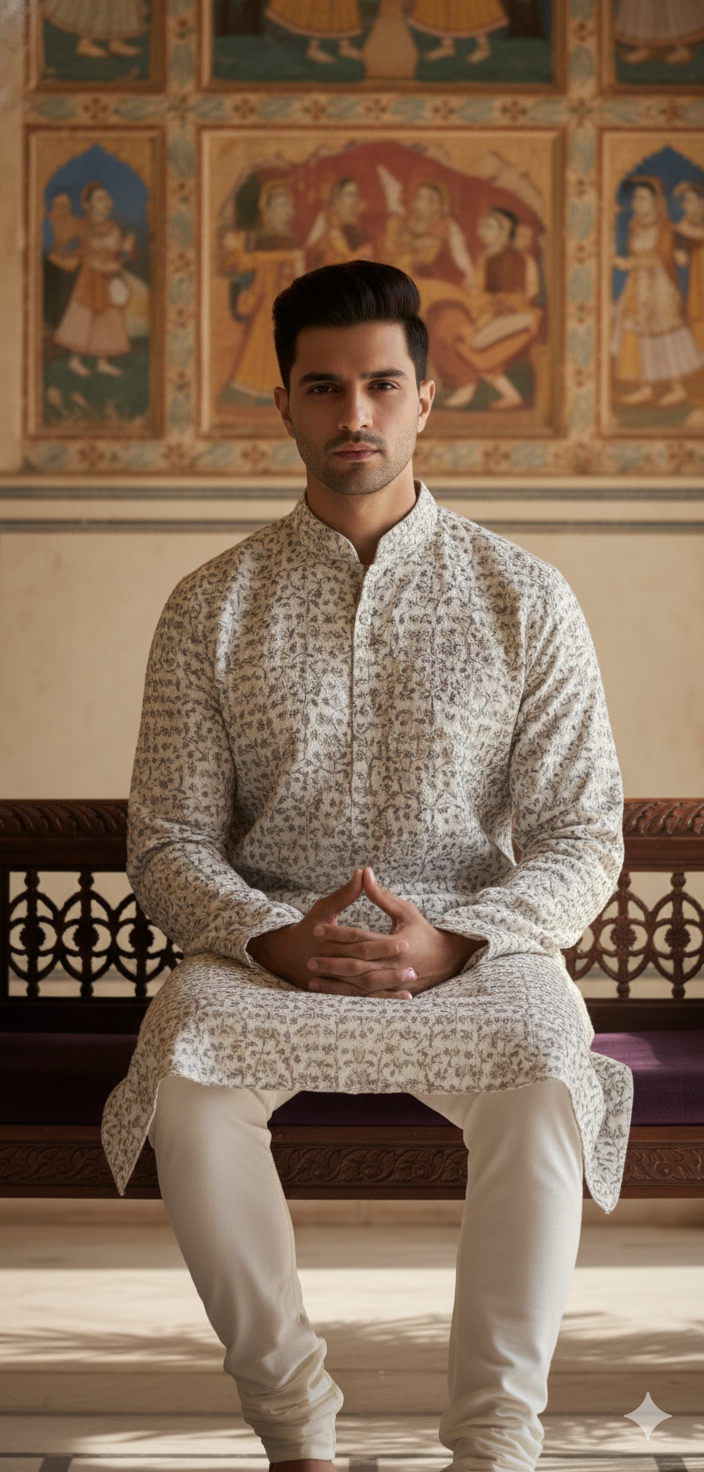 "Ethereal Echoes" Ivory Embroidered Kurta with White Churidar