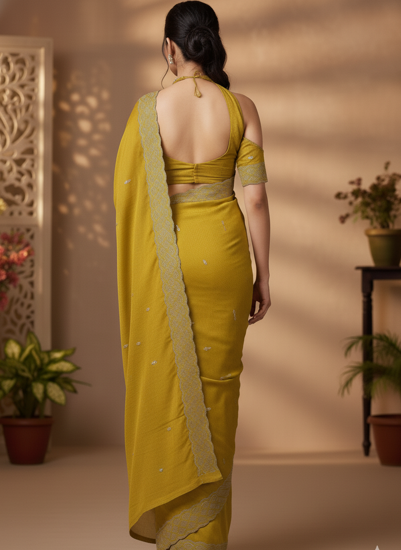 Elegant Golden Mustard Saree with Statement Embroidered Border