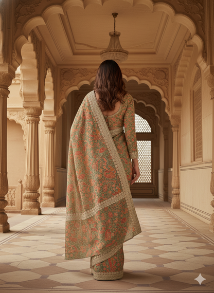 Regal Sage Green Floral- Paisley Saree