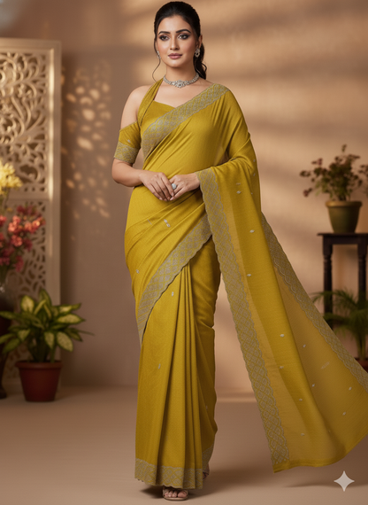 Elegant Golden Mustard Saree with Statement Embroidered Border