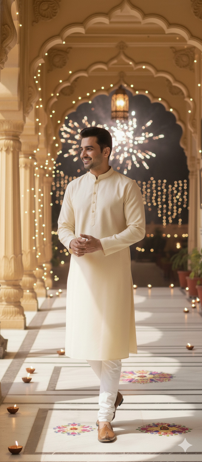 Men's Cream Embroidered Kurta Set