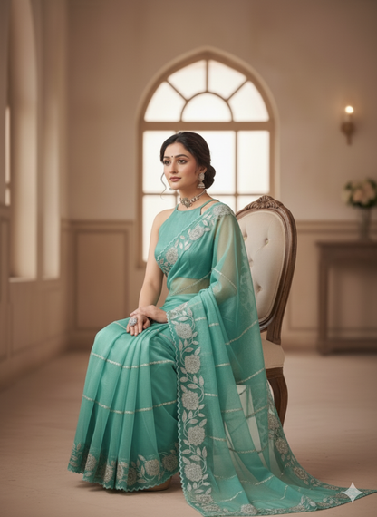 Ethereal Teal Organza Saree with Scalloped Floral Border