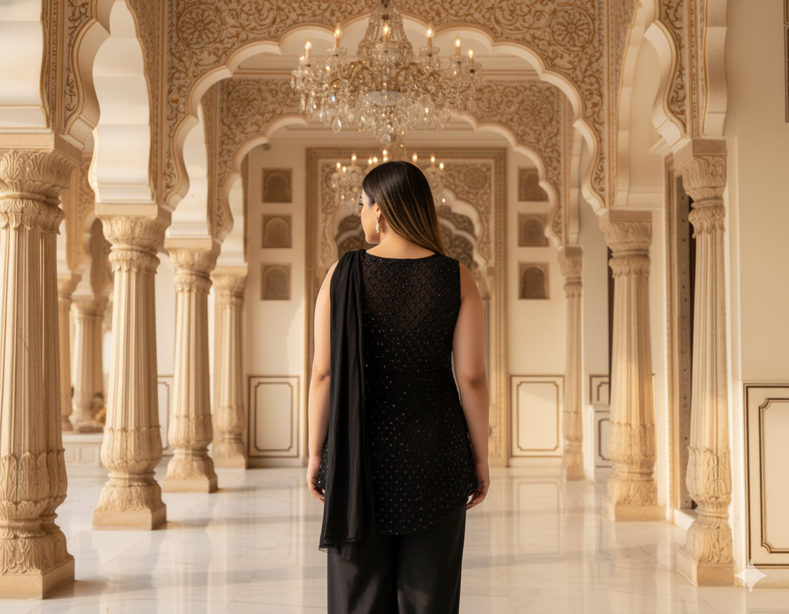 Black Sequin Sleeveless Kurta Set