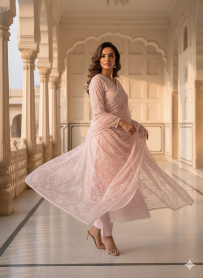 Blush Pink Threadwork Chanderi Kurta Set