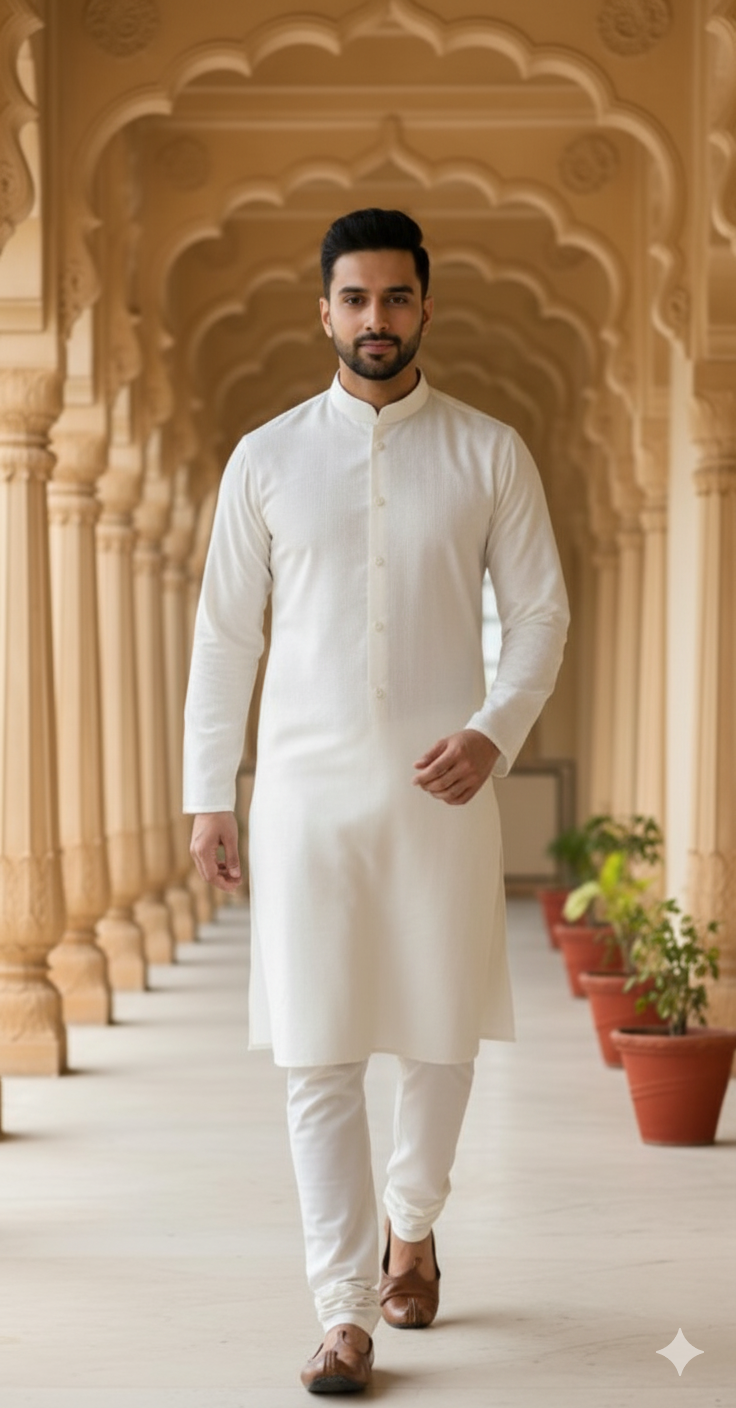 Men's Textured Off-White Kurta Set