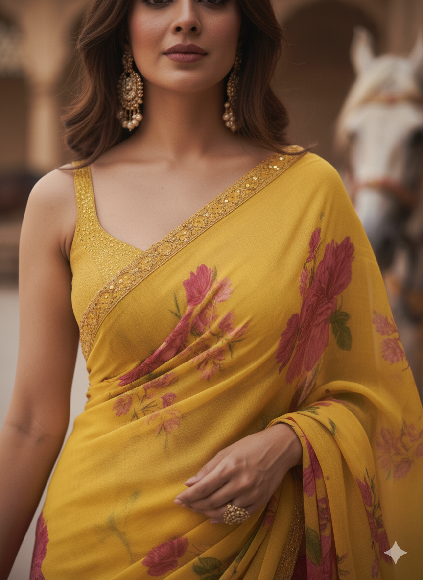 Statement Floral Saree in Radiant Yellow