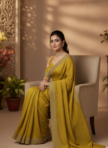 Elegant Golden Mustard Saree with Statement Embroidered Border
