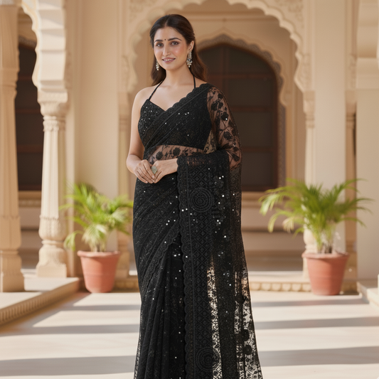 Black Net Saree With Floral Threadwork And Unstitched Blouse Piece