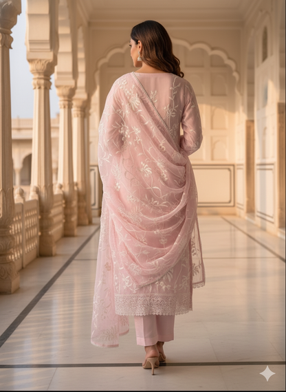 Blush Pink Threadwork Chanderi Kurta Set