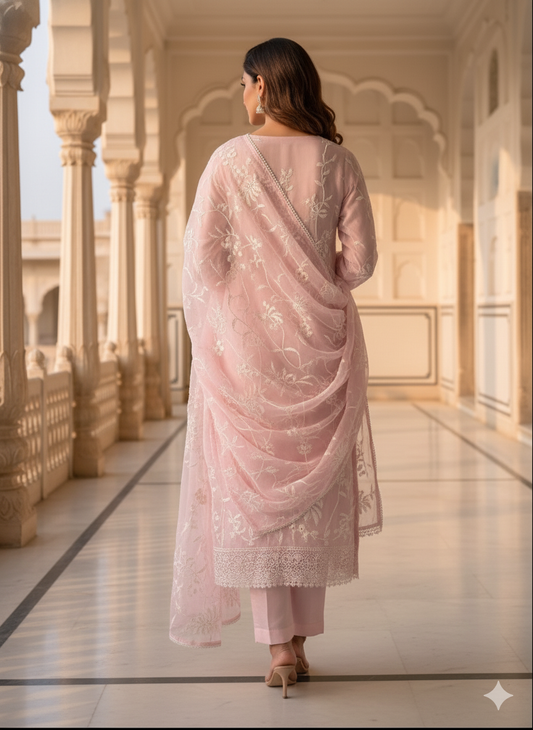 Blush Pink Threadwork Chanderi Kurta Set