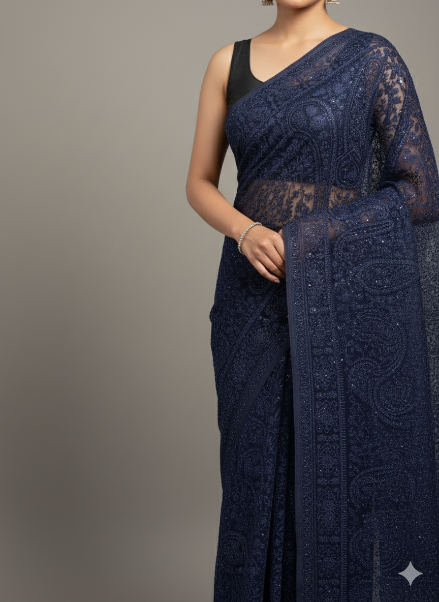 Blue Zari Work Georgette Saree