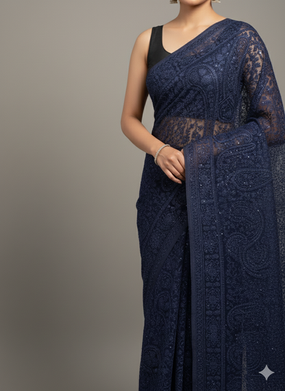 Blue Zari Work Georgette Saree