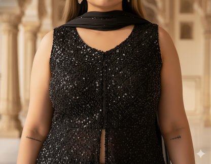 Black Sequin Sleeveless Kurta Set
