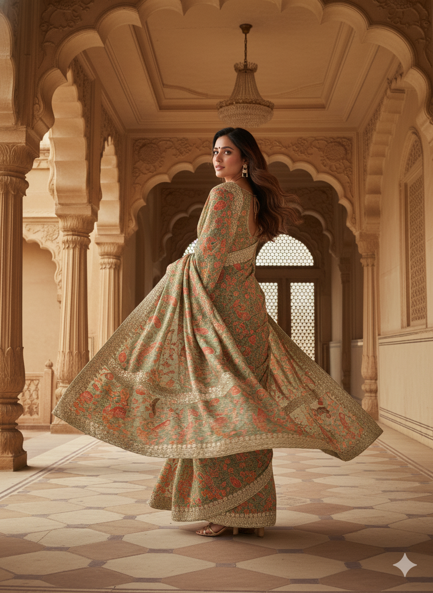 Regal Sage Green Floral- Paisley Saree