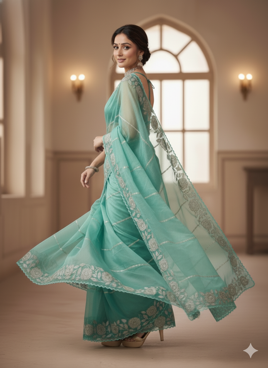 Ethereal Teal Organza Saree with Scalloped Floral Border