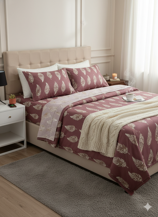 Blush Leaf Whisper King Size Cotton Bedsheet Set – Nature Inspired Elegance