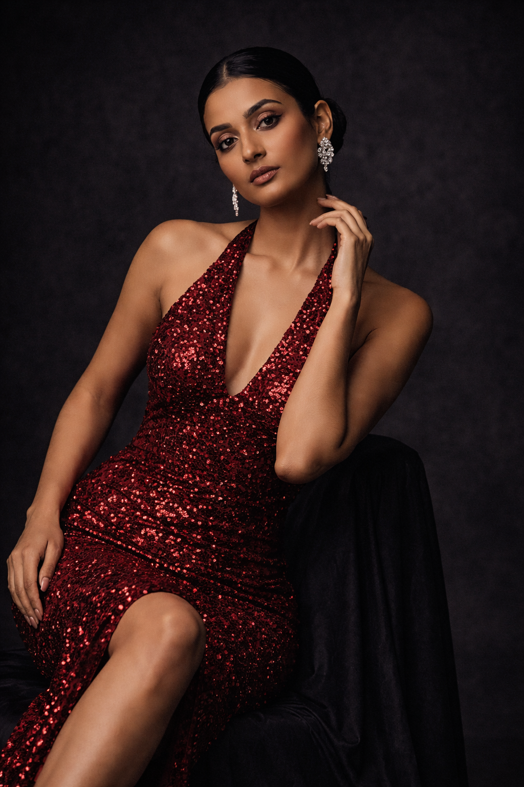 Deep Red Designer Sequin Halter Gown