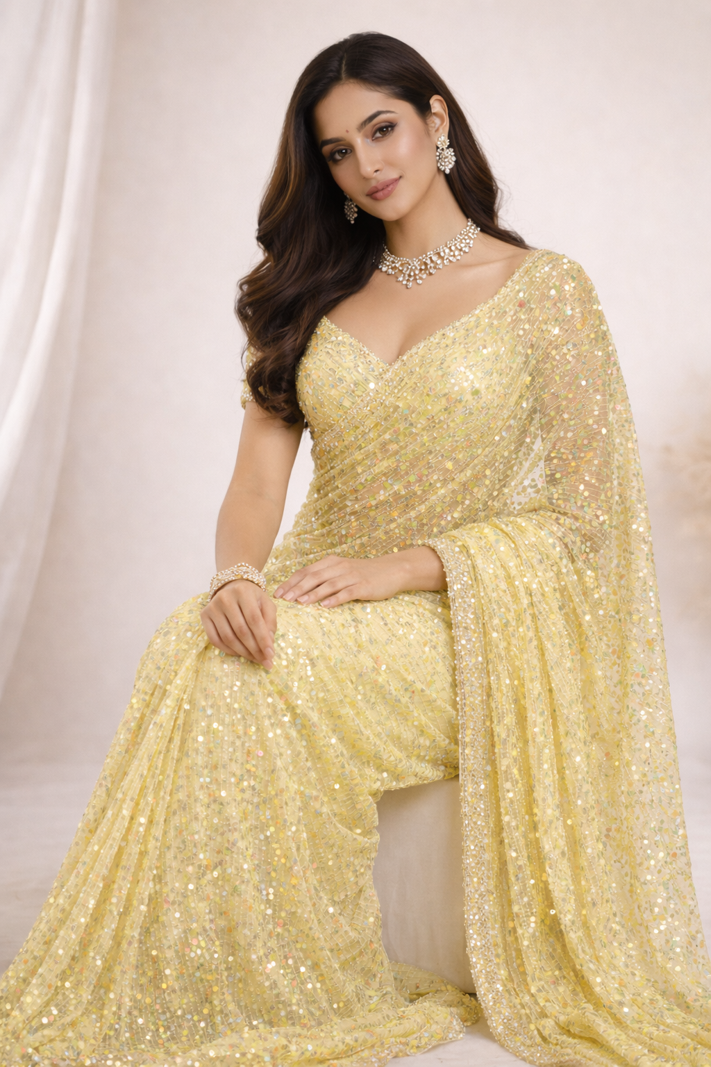 Soft Yellow Sequin Saree