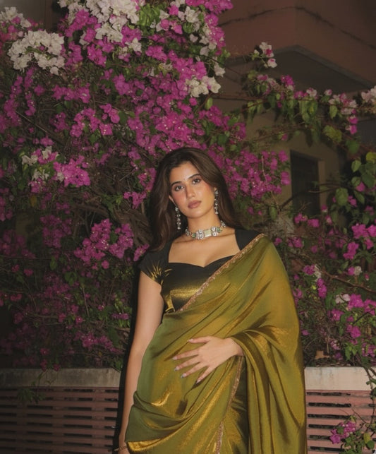 Lustrous Olive Green Satin Saree