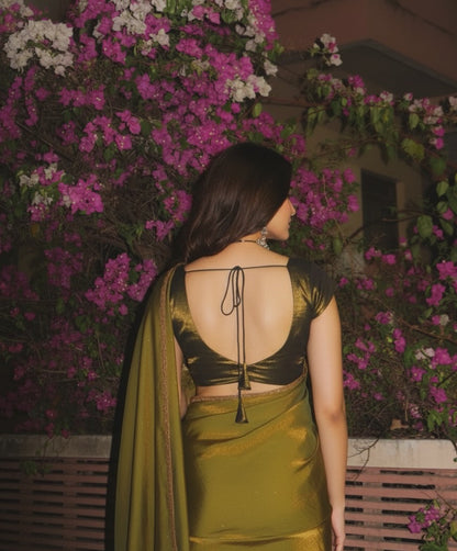 Lustrous Olive Green Satin Saree