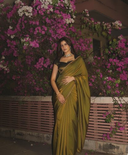 Lustrous Olive Green Satin Saree