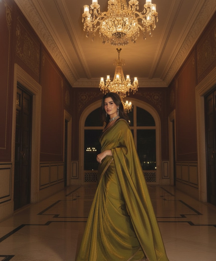 Lustrous Olive Green Satin Saree