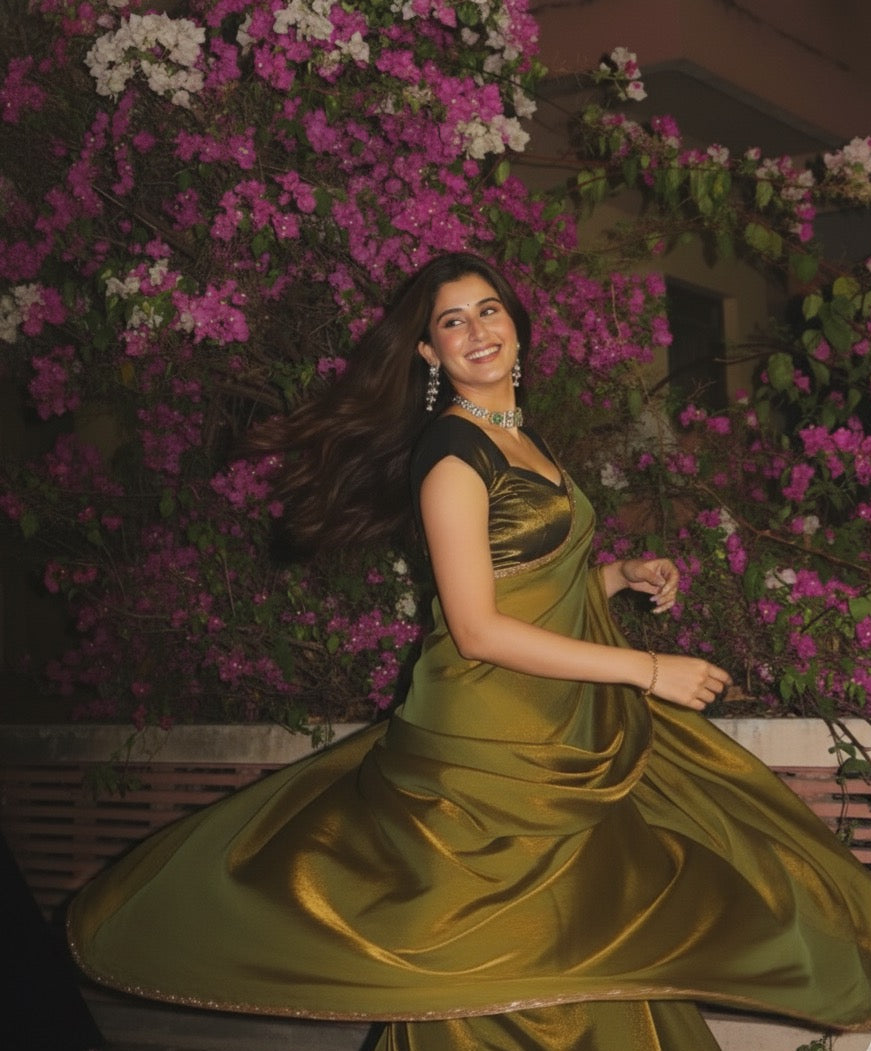 Lustrous Olive Green Satin Saree