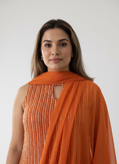 Radiant Orange Sequin Kurta Set