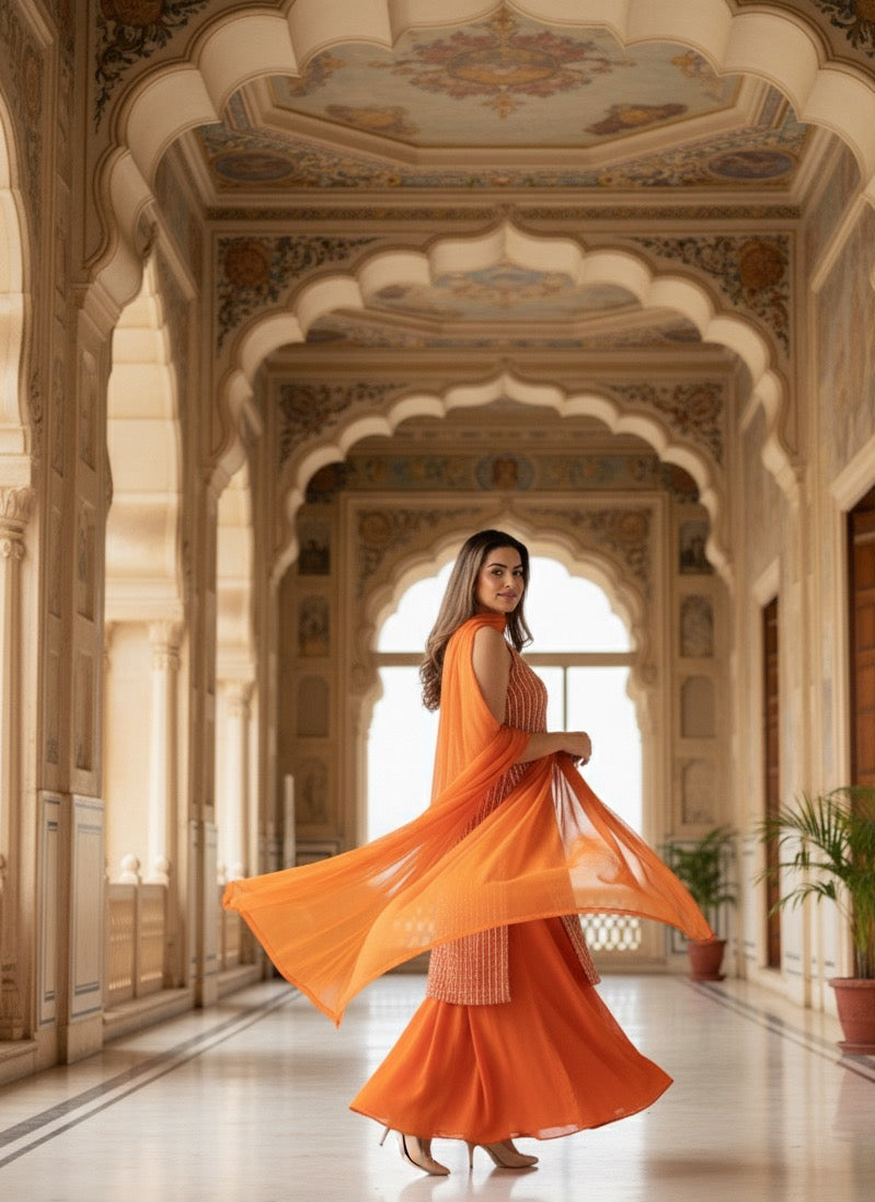 Radiant Orange Sequin Kurta Set