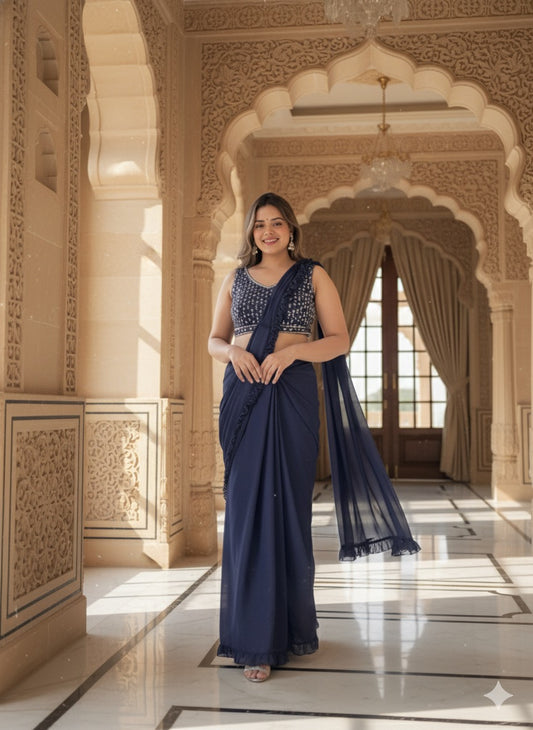 The Navy Blue Pre-Draped Ruffle Saree Set