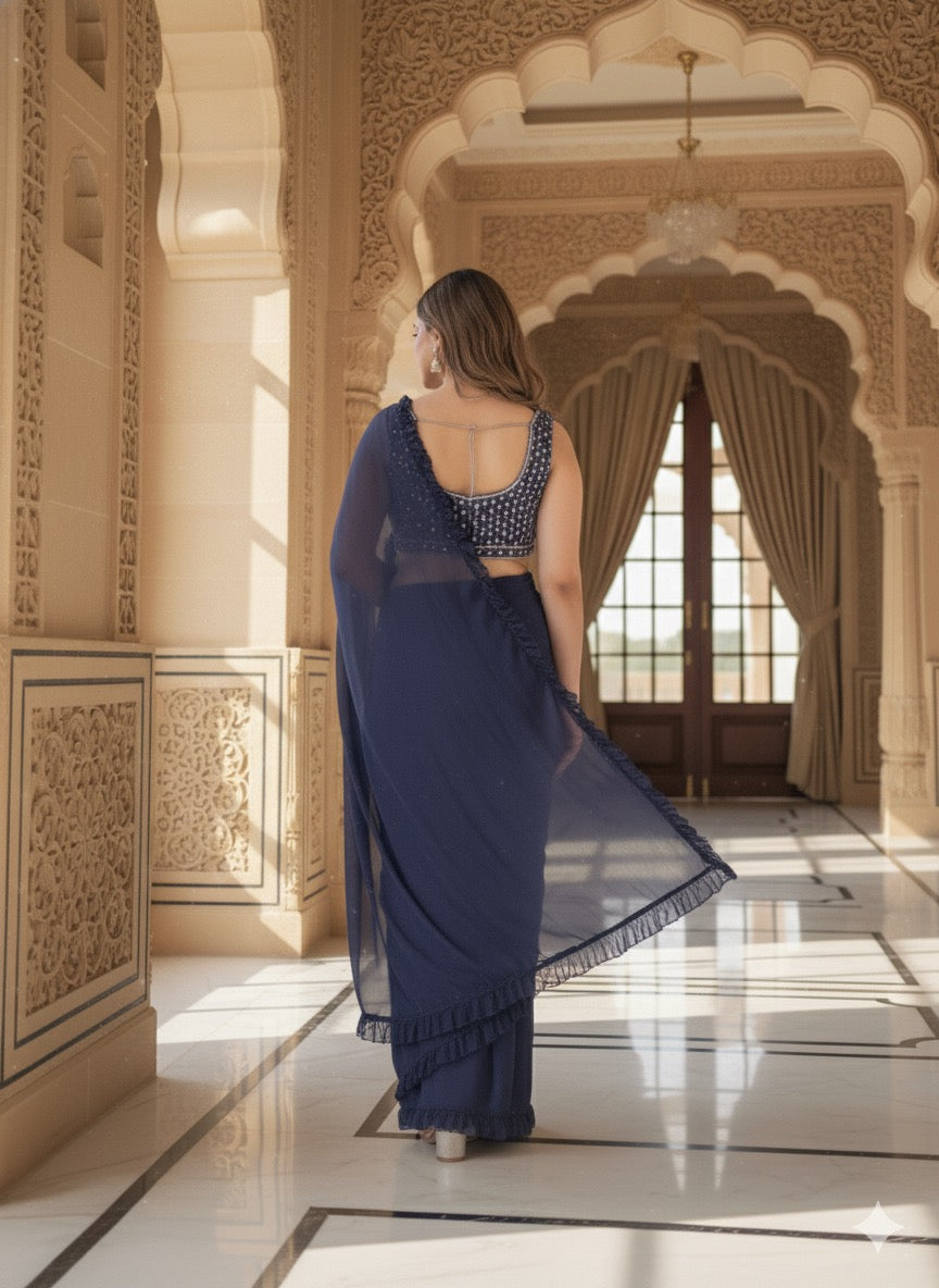 The Navy Blue Pre-Draped Ruffle Saree Set