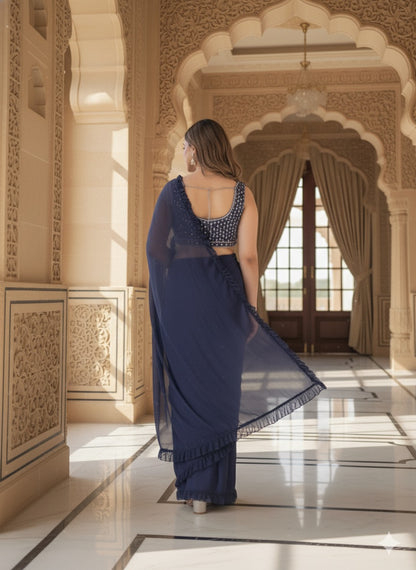 The Navy Blue Pre-Draped Ruffle Saree Set