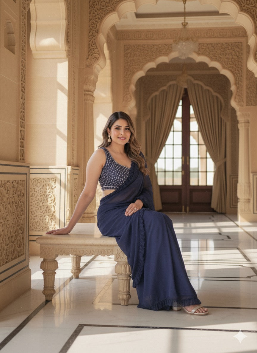 The Navy Blue Pre-Draped Ruffle Saree Set