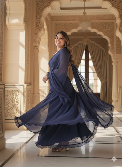 The Navy Blue Pre-Draped Ruffle Saree Set