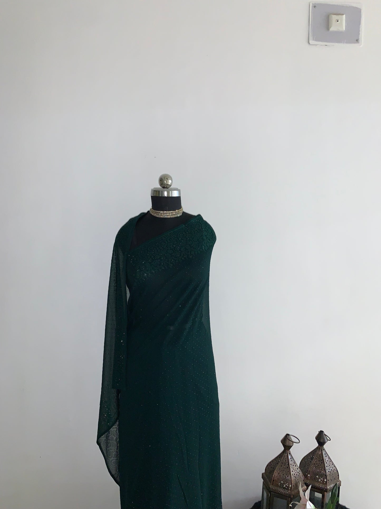 Bottle green Georgette Saree With Stone Embroidery And Unstitched Blouse
