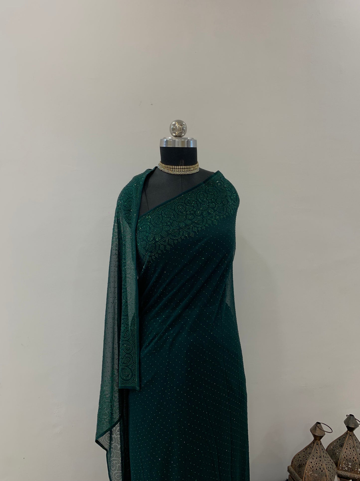 Bottle green Georgette Saree With Stone Embroidery And Unstitched Blouse