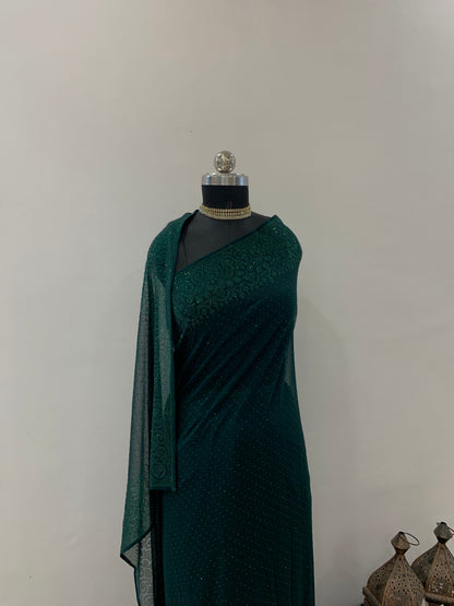 Bottle green Georgette Saree With Stone Embroidery And Unstitched Blouse
