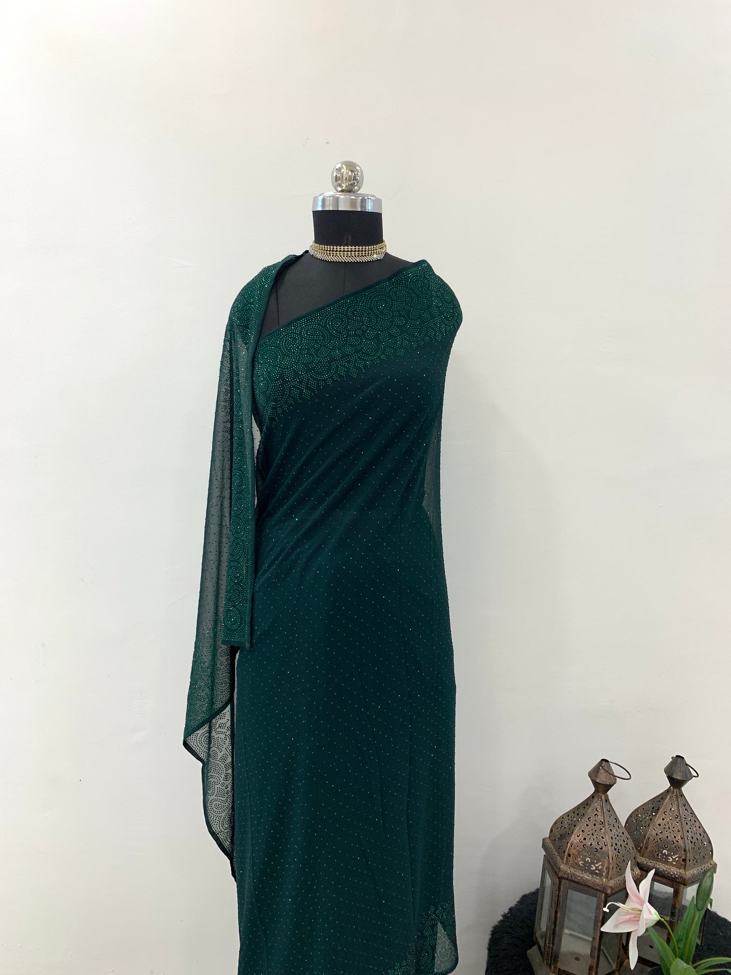Bottle green Georgette Saree With Stone Embroidery And Unstitched Blouse