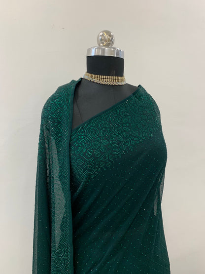 Bottle green Georgette Saree With Stone Embroidery And Unstitched Blouse