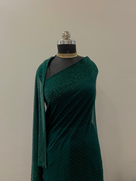 Bottle green Georgette Saree With Stone Embroidery And Unstitched Blouse