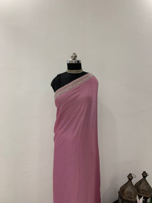 Onion Pink Textured Satin Saree With Stone Work And Unstitched Blouse Fabric